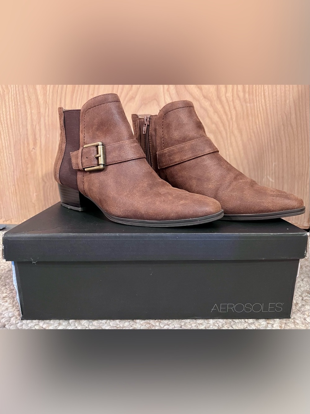 AEROSOLES Chestnut Brown Suede Ankle Booties with Buckle